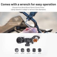 Wrench for easy operation on motorcycle handlebar with multiple size clamp sleeves, ideal for maintenance and repair.
