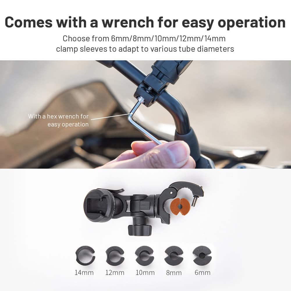 Wrench for easy operation on motorcycle handlebar with multiple size clamp sleeves, ideal for maintenance and repair.