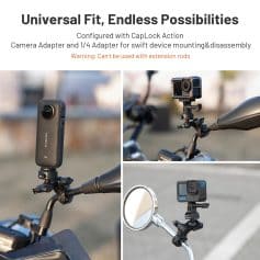 High-quality action camera mounted on bike handlebar, versatile bike mirror with camera, and compact adventure camera for outdoor filming at Monalisa Store, specializing in premium optical devices.