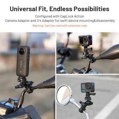 High-quality action camera mounted on bike handlebar, versatile bike mirror with camera, and compact adventure camera for outdoor filming at Monalisa Store, specializing in premium optical devices.