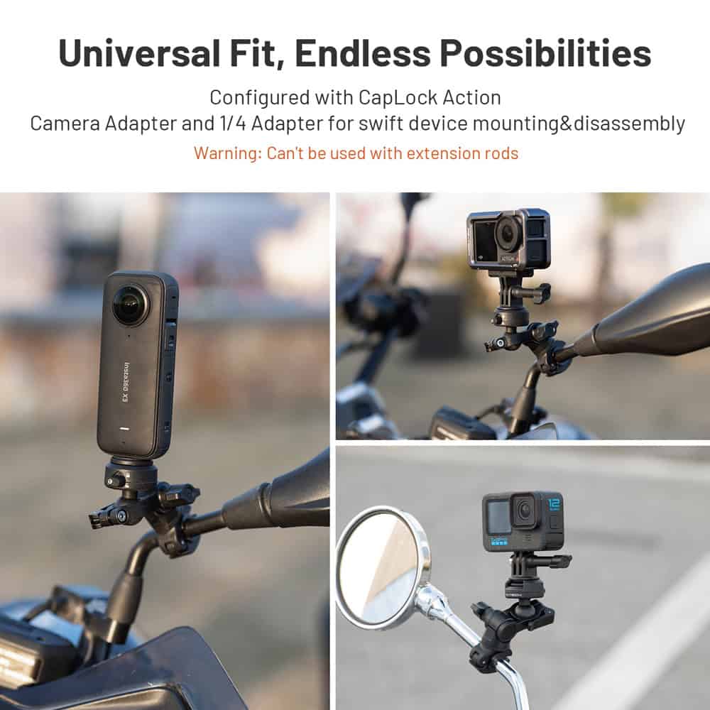 High-quality action camera mounted on bike handlebar, versatile bike mirror with camera, and compact adventure camera for outdoor filming at Monalisa Store, specializing in premium optical devices.