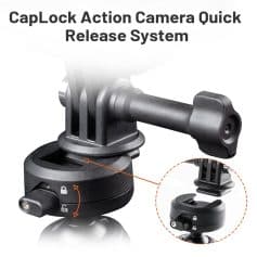 CapLock Action Camera Quick Release System on a black mount with locking mechanism for secure camera attachment and quick adjustments.