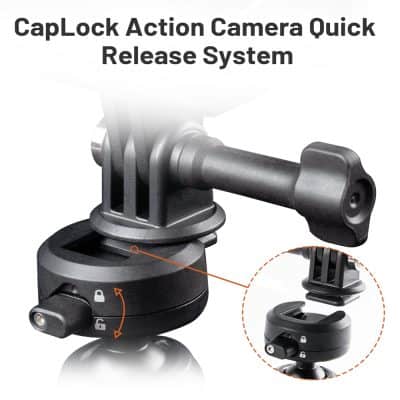 CapLock Action Camera Quick Release System on a black mount with locking mechanism for secure camera attachment and quick adjustments.