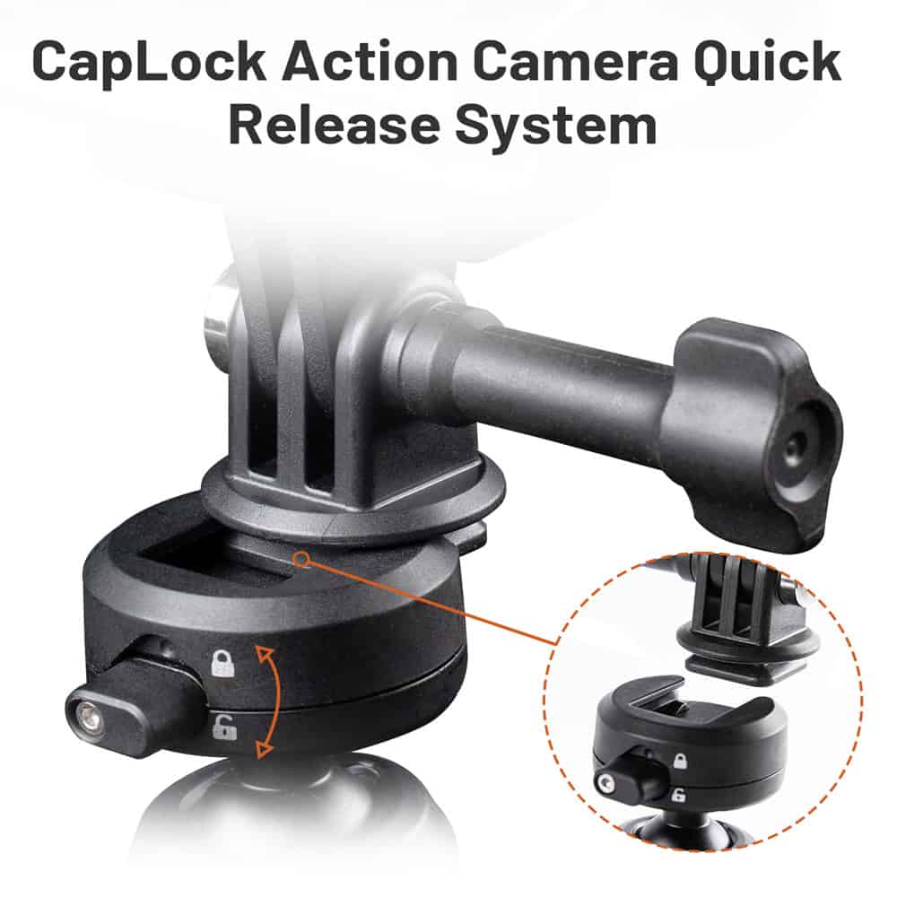 CapLock Action Camera Quick Release System on a black mount with locking mechanism for secure camera attachment and quick adjustments.