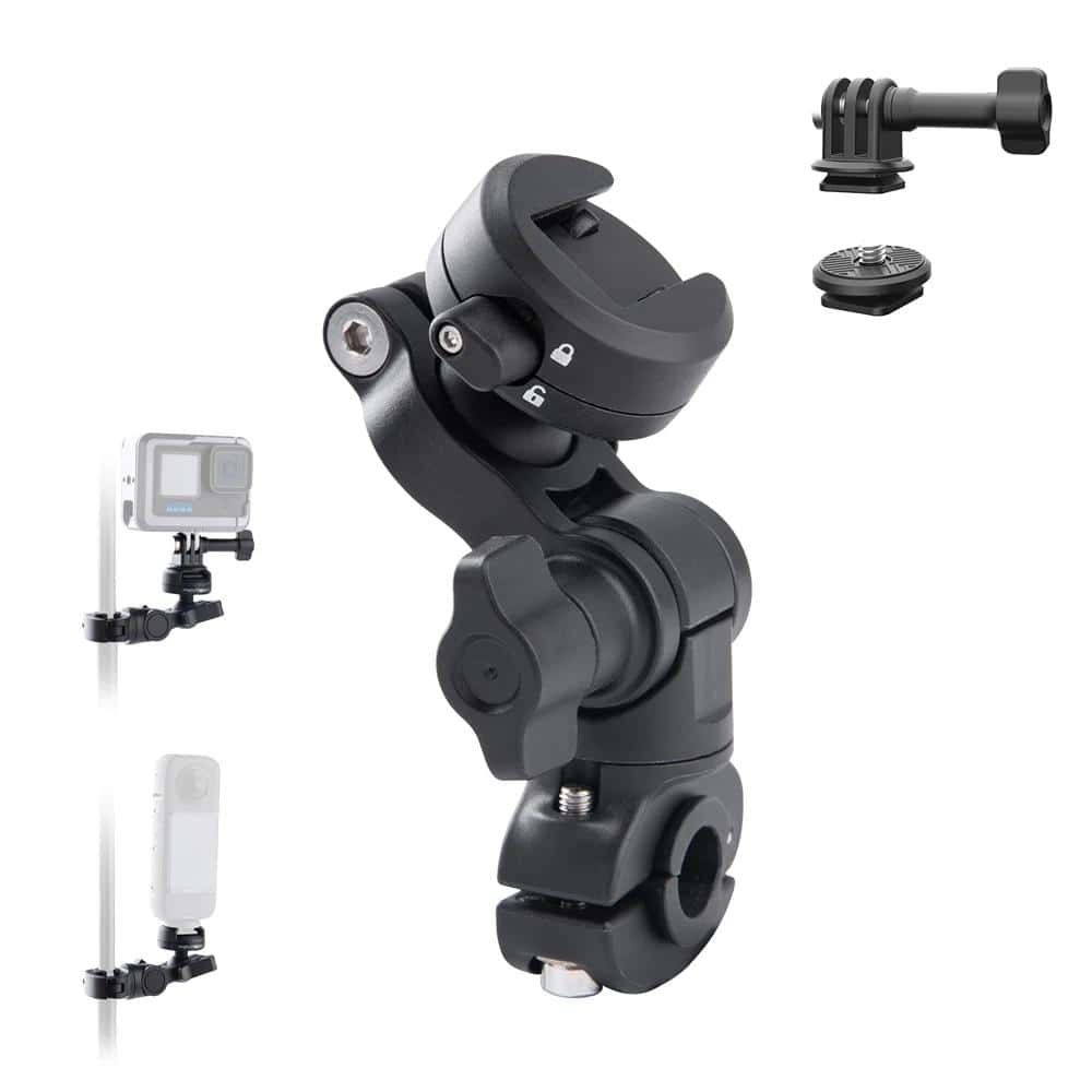 Flexible camera mount for GoPro and action cameras with adjustable joints for secure positioning. Compatible with various camera models, ideal for capturing detailed visuals during outdoor and sports activities.
