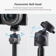 Versatile panoramic ball head mount for professional cameras, offering 55° tilt and 145° rotation for precise photography adjustments.