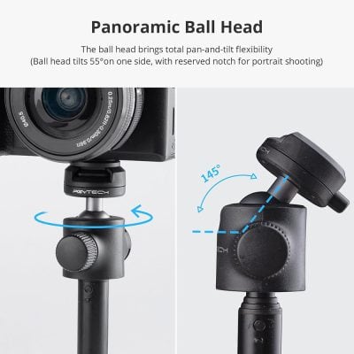 Versatile panoramic ball head mount for professional cameras, offering 55° tilt and 145° rotation for precise photography adjustments.