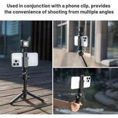 Adjustable phone and camera tripod stand with phone clip, ideal for selfies, vlogging, and photography, suitable for Android and iPhone devices.