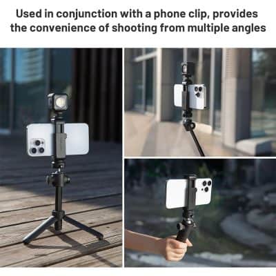 Adjustable phone and camera tripod stand with phone clip, ideal for selfies, vlogging, and photography, suitable for Android and iPhone devices.