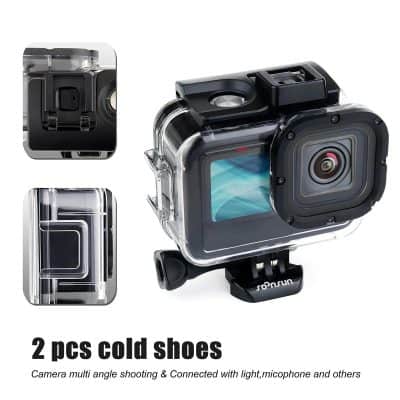 High-quality waterproof action camera in a clear protective case, ideal for sports and outdoor activities. Features multi-angle shooting, light, microphone, and connectivity options for extreme sports enthusiasts.