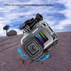 Waterproof action camera for outdoor adventures, high-resolution video recording, durable design, ideal for travel and extreme sports, equipped with stabilization and waterproof case.