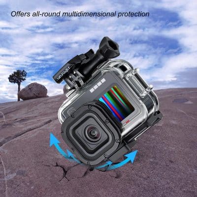 Waterproof action camera for outdoor adventures, high-resolution video recording, durable design, ideal for travel and extreme sports, equipped with stabilization and waterproof case.