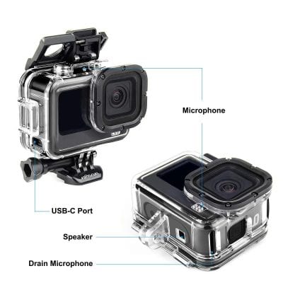 Waterproof action camera with microphone, USB-C port, speaker, and drain microphone, ideal for professional and leisure outdoor photography, video recording, and underwater adventures.
