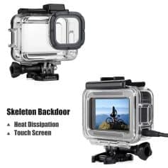 Waterproof action camera for outdoor sports and adventures, featuring a durable skeleton backdoor, heat dissipation, and touch screen for easy operation. Perfect for capturing high-quality photos and videos in extreme conditions.