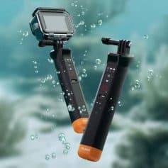 Stylish waterproof selfie sticks with built-in phone holders and remote controls, ideal for underwater photography and outdoor adventures.