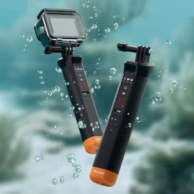 Stylish waterproof selfie sticks with built-in phone holders and remote controls, ideal for underwater photography and outdoor adventures.