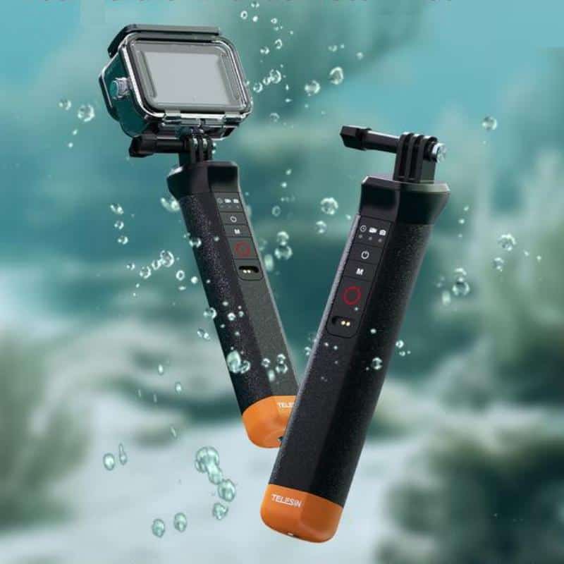 Stylish waterproof selfie sticks with built-in phone holders and remote controls, ideal for underwater photography and outdoor adventures.