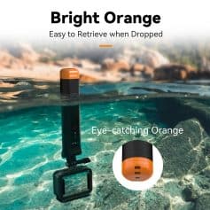Bright orange waterproof safety whistle with black handle and compact design for outdoor activities and emergency situations.