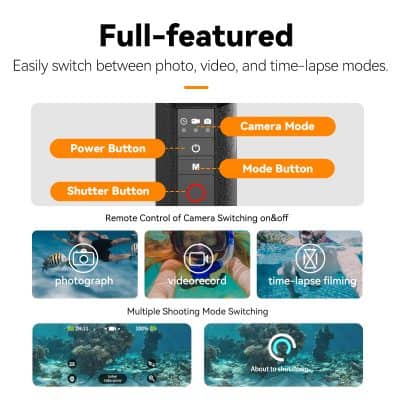 High-quality digital camera remote control with mode, power, and shutter buttons for photography, video recording, and time-lapse filming.
