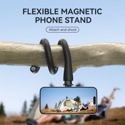 Remote phone holder with magnetic attachment for outdoor photography, ideal for capturing memorable moments with smartphones, featuring flexible design for easy use.