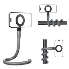 Flexible smartphone holder with a clamp for secure attachment, ideal for photography and videography. Compatible with various phone sizes, offering stability and convenience for hands-free use.