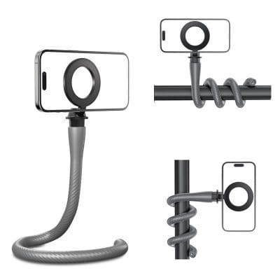 Flexible smartphone holder with a clamp for secure attachment, ideal for photography and videography. Compatible with various phone sizes, offering stability and convenience for hands-free use.