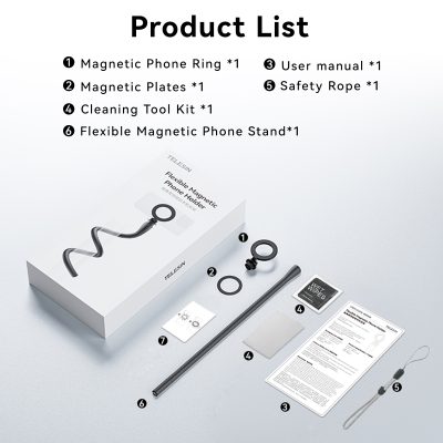 Flexible magnetic phone stand, ideal for hands-free use and secure grip, with magnetic phone holder, soft rubber pads, and included user manual for easy setup. Perfect for phone support and display.