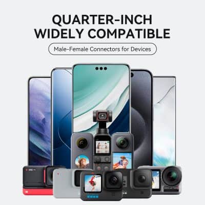 Quarter-inch width-compatible device connectors for smartphones and action cameras, ideal for video recording and photography needs.