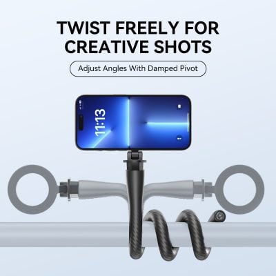 Enhanced mobile phone stabilizer with adjustable angles and damped pivot for creative photography and videography. Perfect for professional and casual content creators seeking smooth shots.
