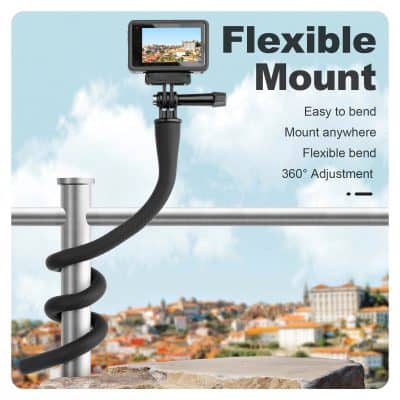 Flexible mount for cameras and devices, easy to bend and adjust, perfect for outdoor photography and videography, 360° adjustment, suitable for various setups.