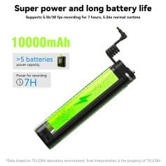 10000mAh rechargeable battery for long-lasting power in portable devices, ideal for recording and extended use, with support for over five batteries and 7 hours of recording time.