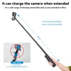 Extendable selfie stick with rechargeable battery, 90cm length for versatile shooting, compatible with smartphones for selfies and video recording.