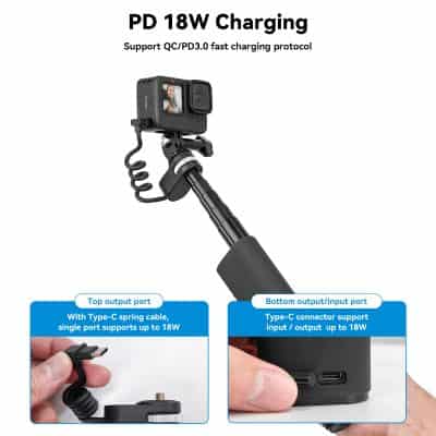 Flexible 18W fast charging camera mounted on a monopod with Type-C input/output ports, supporting quick power transfer for optometry and medical imaging devices.