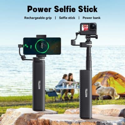 Power selfie stick with rechargeable grip, adjustable tripod, and built-in power bank, ideal for outdoor photography and vlogging. Perfect for smartphone and action camera users.