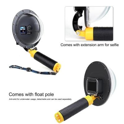 HD underwater underwater selfie camera with float pole, anti-slip grip, extended arm, and detachable design for versatile underwater photography.