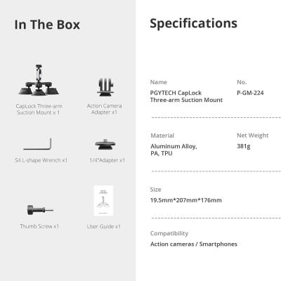 Robotic camera mount with three-arm suction and action camera adapter for professional action cam stabilizing and mounting solutions. Suitable for action cameras and smartphones.