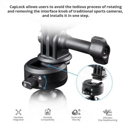 Flexible sports camera mount with lockable rotation, compatible with various accessories, ensures secure attachment, and offers effortless one-step mounting. Perfect for action sports enthusiasts.