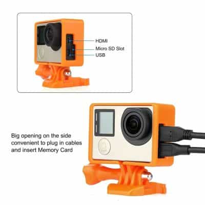 Compact action camera with HDMI, USB, and micro SD slot, ideal for sports and outdoor recording.