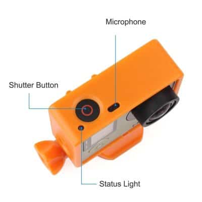 High-resolution image of a compact orange action camera with labeled parts including microphone, shutter button, status light, and lens, ideal for outdoor photography and videos, featured on Monalisa Medical store.