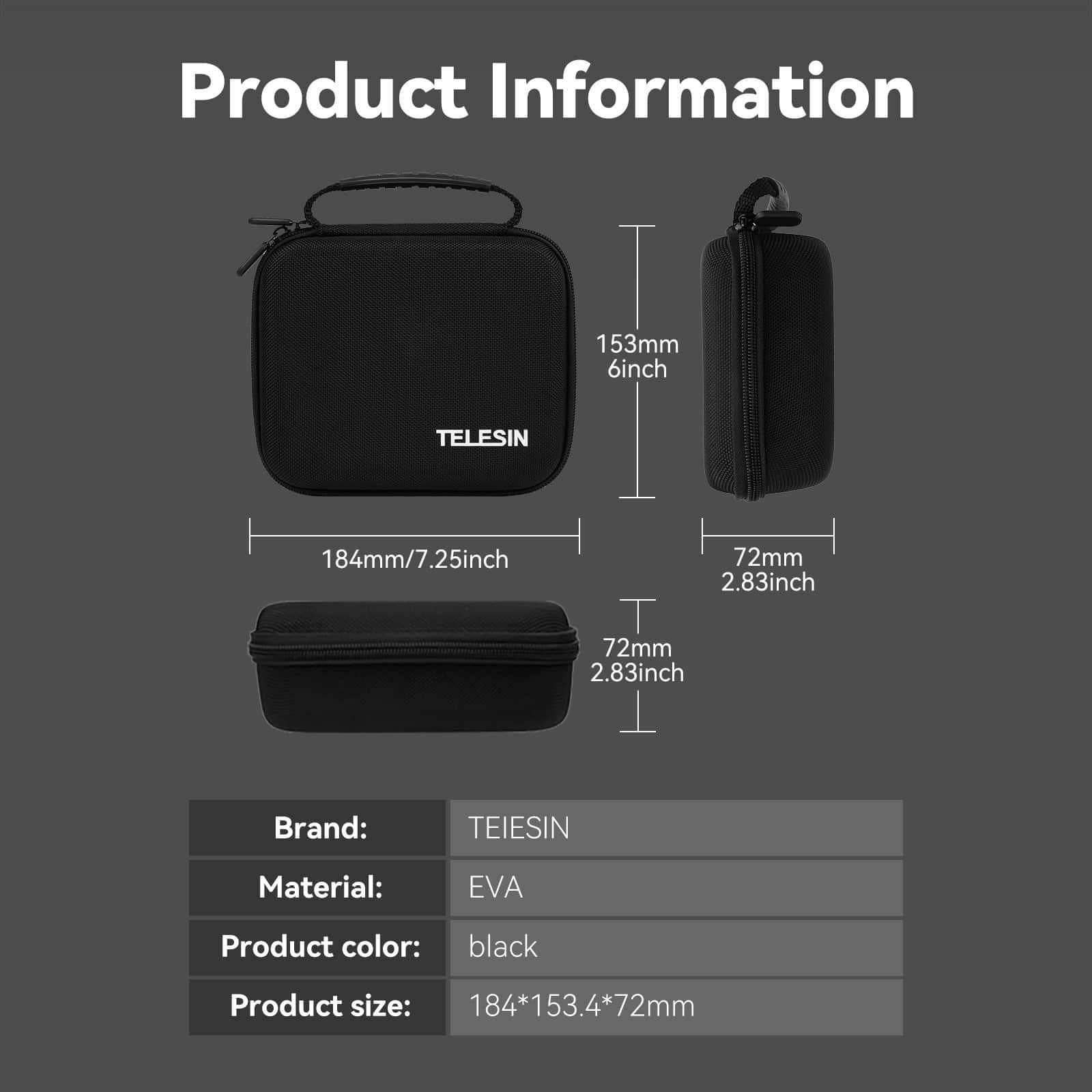 Black protective carrying case for optical equipment with dimensions 184mm x 153mm x 72mm, made from durable EVA material, ideal for secure storage and transport of medical and optical devices.