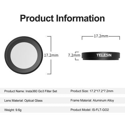 High-quality optical filters for photography, compatible with Insta360 Go 3, featuring lightweight aluminum frame, optical glass lens, and precise dimensions for enhanced visual clarity.