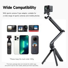 Wearable action camera with adjustable tripod mount, compatible with sports cameras and smartphones for outdoor footage recording.