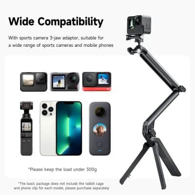 Wearable action camera with adjustable tripod mount, compatible with sports cameras and smartphones for outdoor footage recording.
