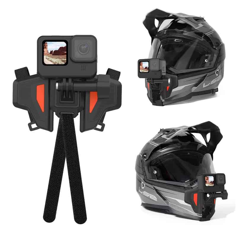 Ultra-wide action camera mounted on a tripod, with a black-gray motorcycle helmet featuring a built-in camera for motorcycle riding and outdoor adventures.