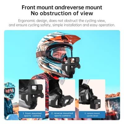 Mountain bike helmet with front and reverse mount sports camera for cycling safety.