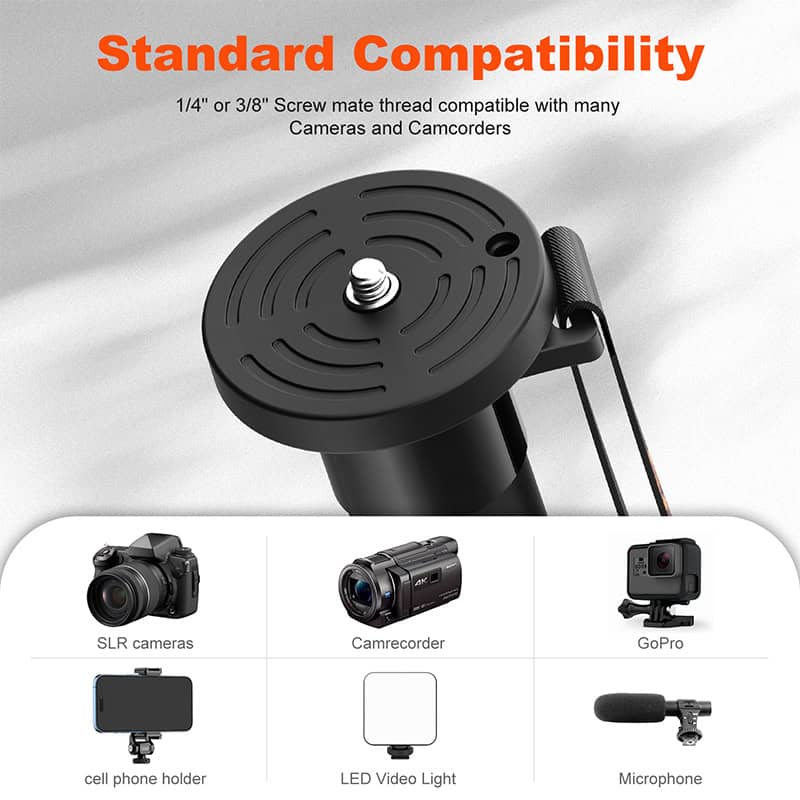 1. Standard camera mount for cameras and camcorders, compatible with 1/4" or 3/8" screw threads, suitable for photography and video shooting.