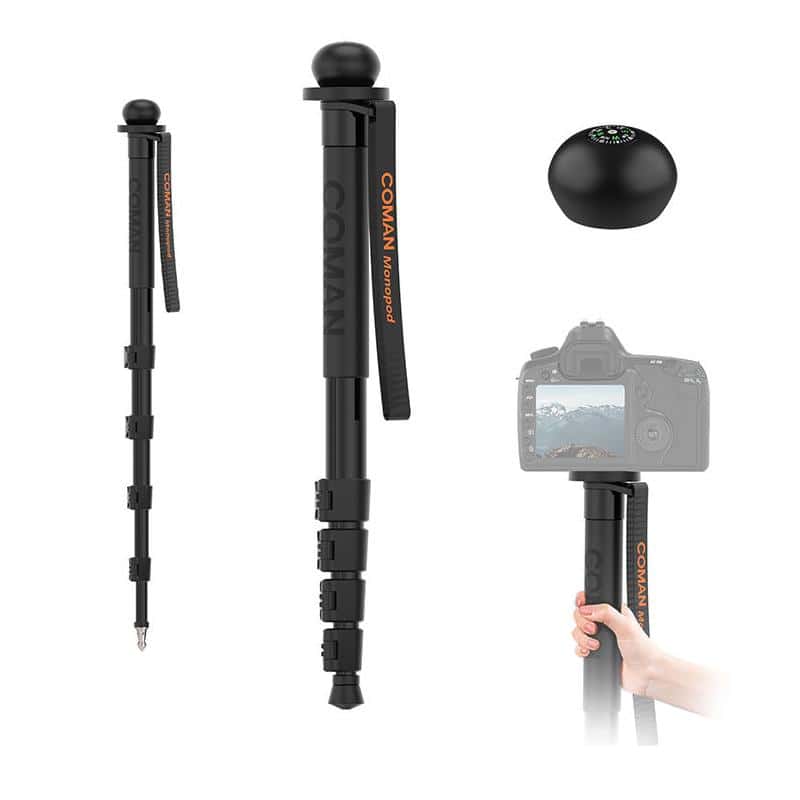 Adjustable monopod for cameras and smartphones, lightweight and portable tripod with height extension, ideal for travel photography and outdoor use.