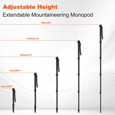 Extendable mountaineering monopod for stable outdoor photography and travel, adjustable height from 43cm to 155cm, lightweight and durable material for camping, hiking, and scenic shots.