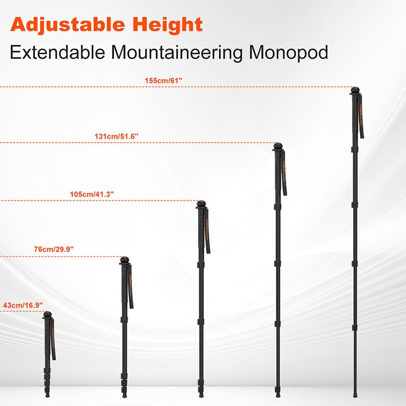 Extendable mountaineering monopod for stable outdoor photography and travel, adjustable height from 43cm to 155cm, lightweight and durable material for camping, hiking, and scenic shots.