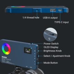 Flexible LED photography light with adjustable color and brightness, portable design, touchscreen OLED display, USB-C and Type-C input, ideal for professional photography and video shoots.